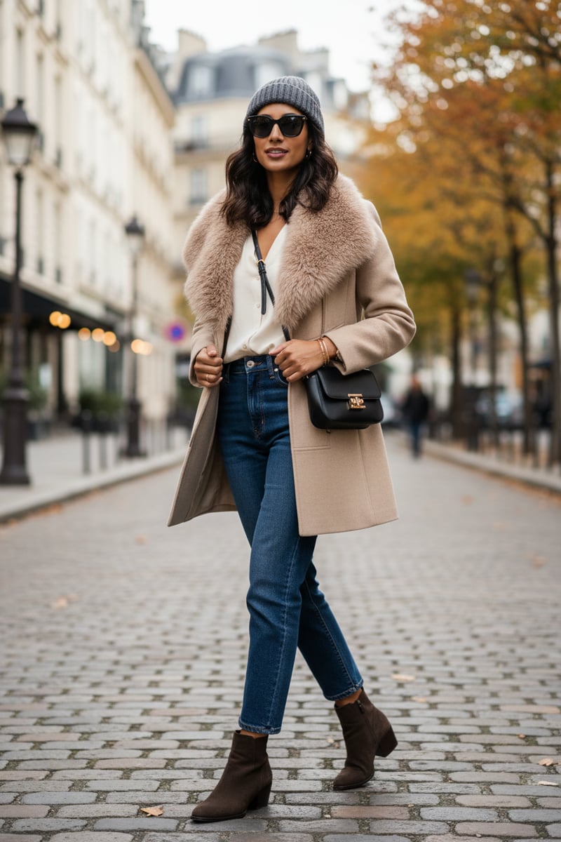 Medium Beige Longline Wool-Blend Coat with Fur Collar