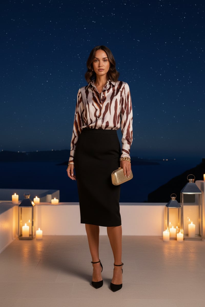Brown Animal Print Satin-Finish Button-Down Shirt