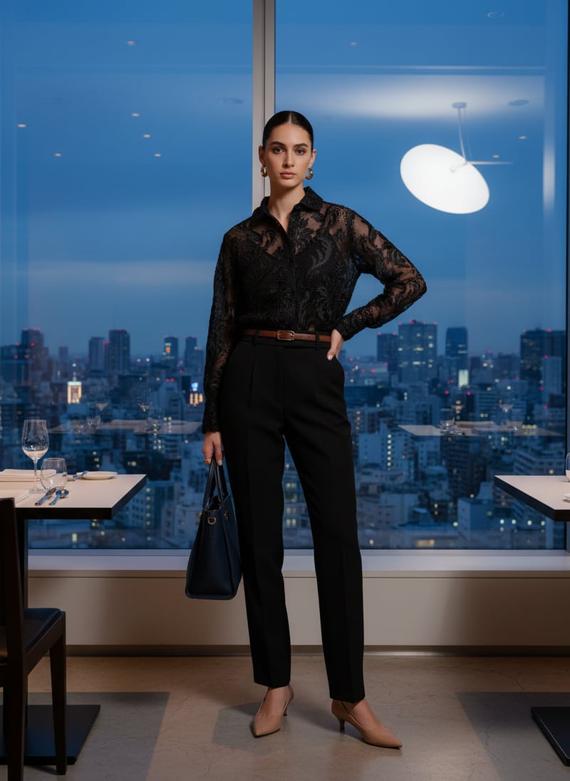 Black Sheer Mesh Button-Down Shirt with Velvet Jacquard