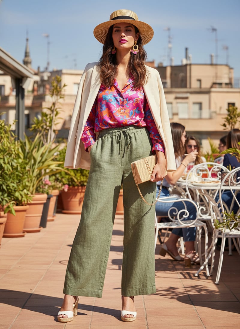 Mid Green Linen Wide-Leg Drawstring Trousers