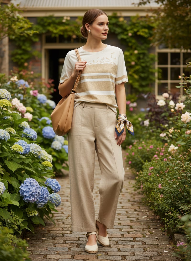 Beige Crew-Neck Striped T-Shirt with Subtle Embellishment