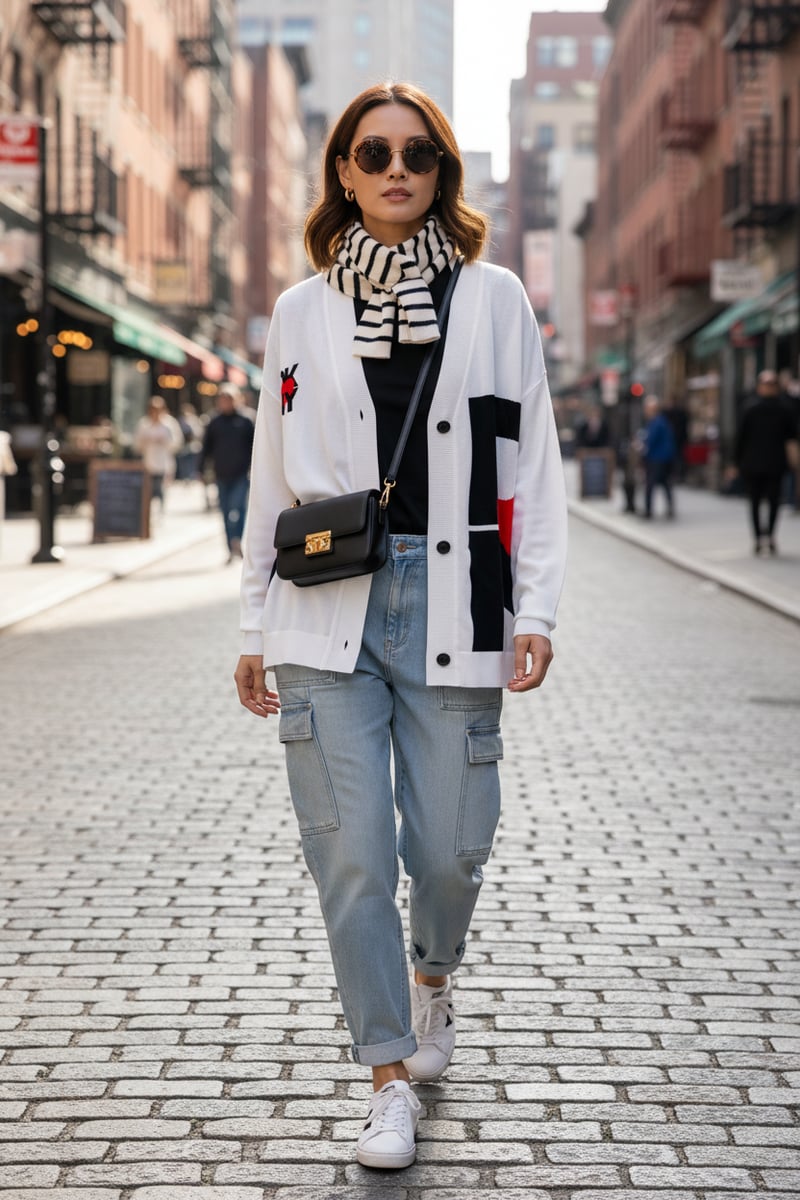 White Colorblock Graphic Button-Up Longline Cardigan