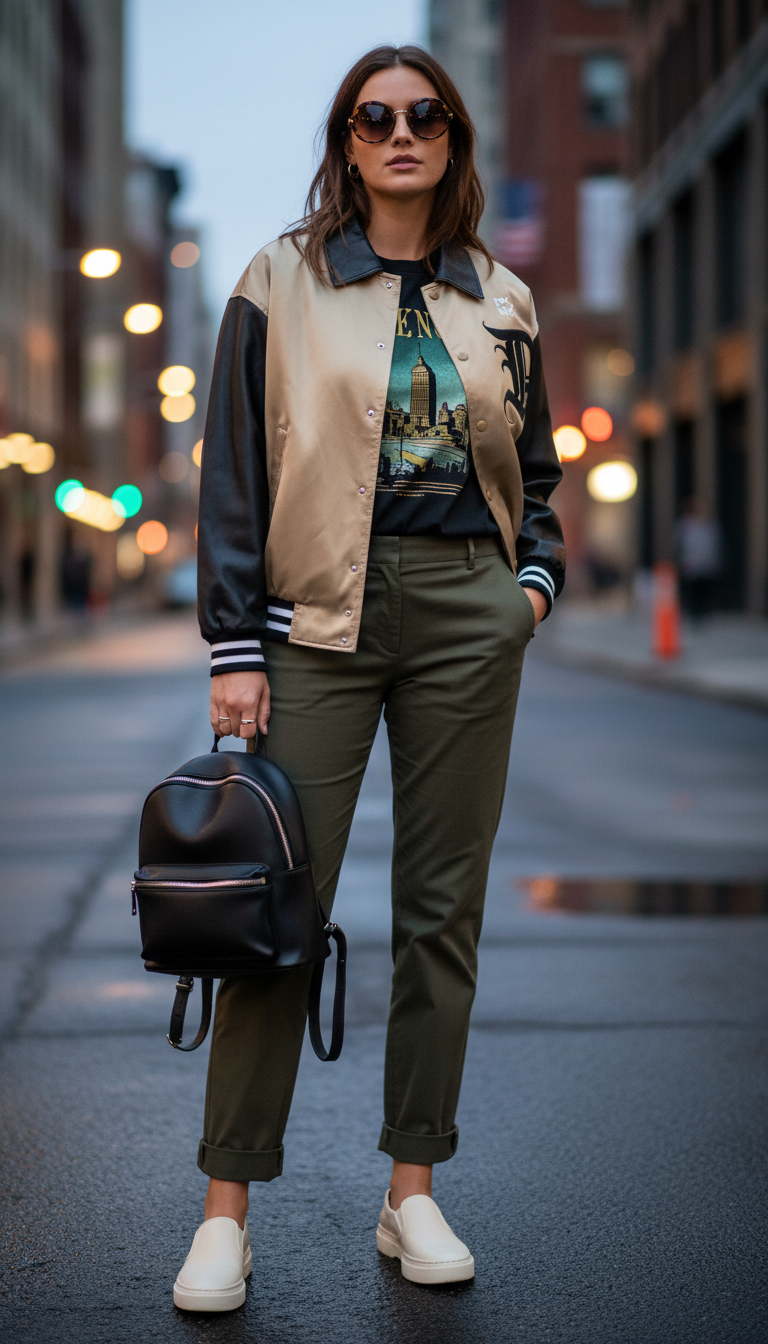 Beige and Black Colorblock Varsity Bomber Jacket