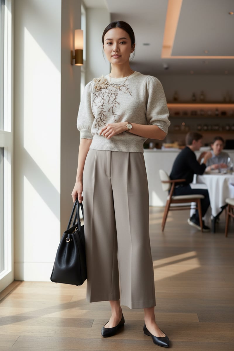 Ivory Embellished Puff Sleeve Pullover Sweater