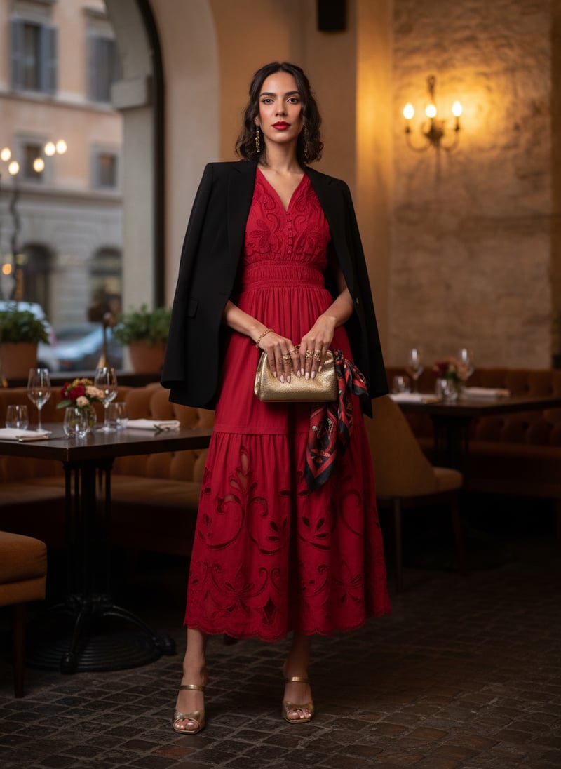Red Cutwork Tiered Maxi Dress with Smocked Waist