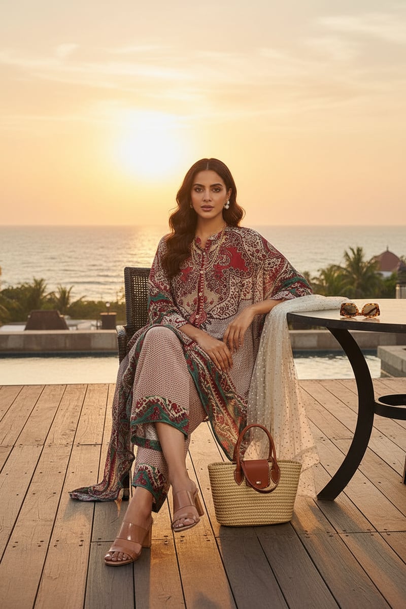 Printed Kaftan Top and Wide-Leg Pants Co-ord Set