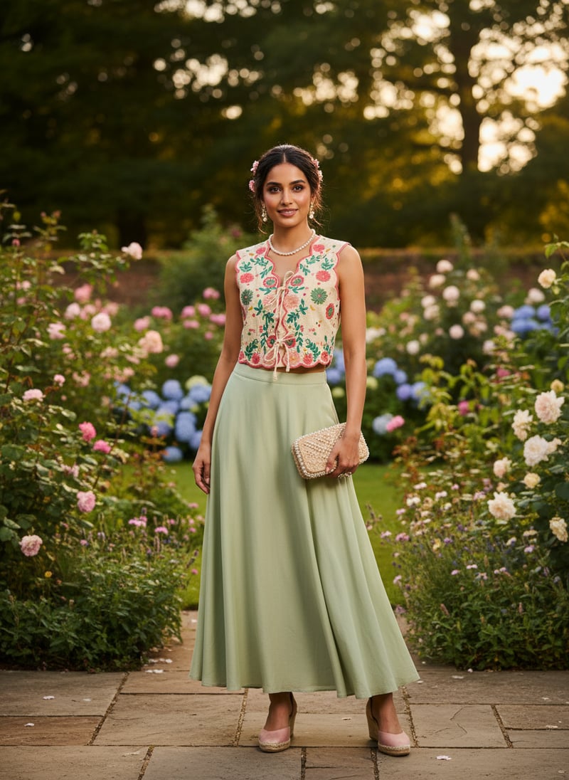 Cream Embroidered Tie-Up Crop Top
