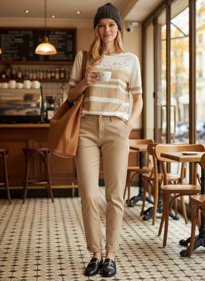 Beige Crew-Neck Striped T-Shirt with Subtle Embellishment