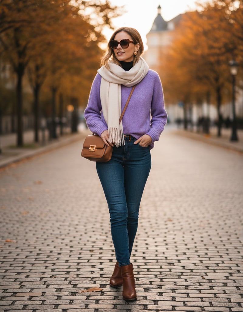 Lilac Crewneck Pullover Sweater with Rib Details