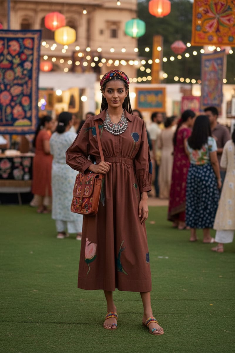 Brown Midi A-Line Shirt Dress with Floral Applique