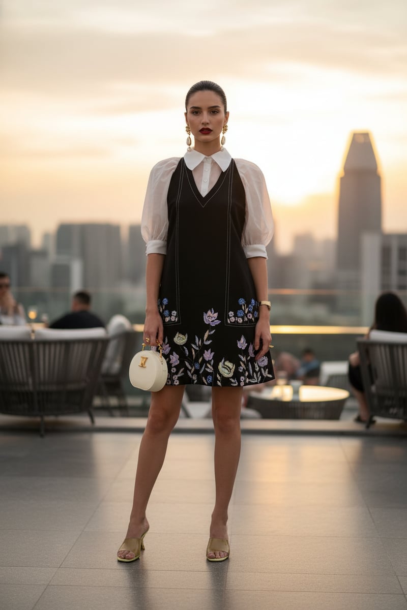 Black and White A-Line Mini Dress with Organza Sleeves
