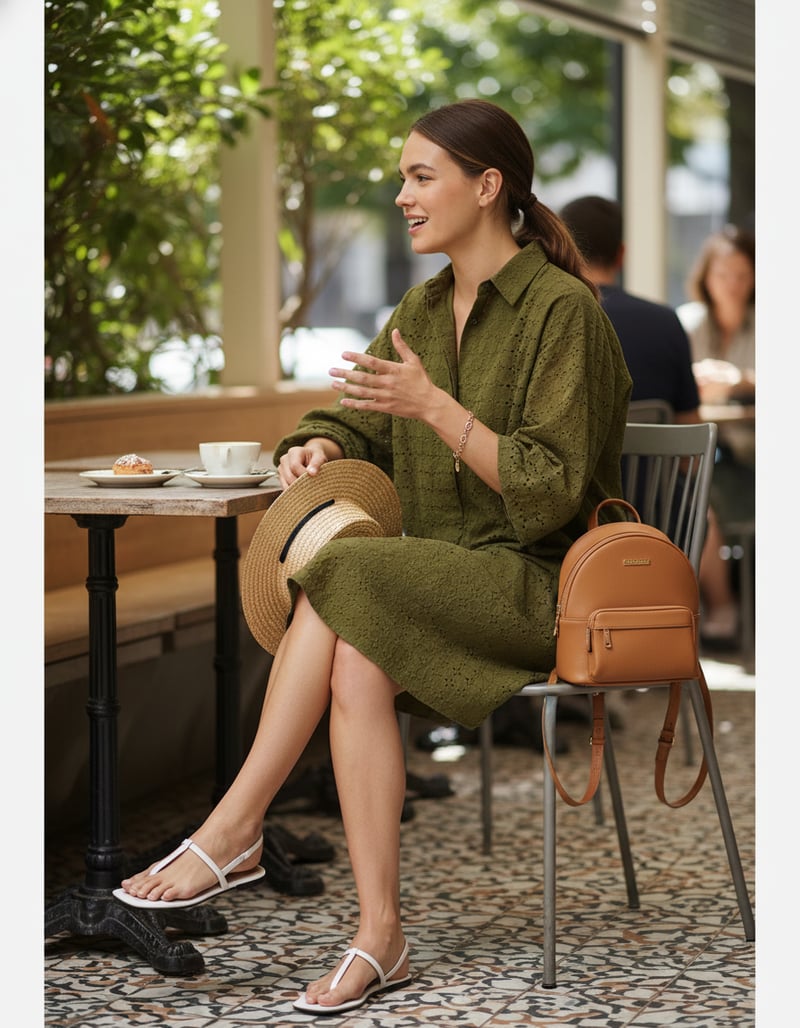 Olive Green Sangallo Cotton Shirt Dress with Cutwork