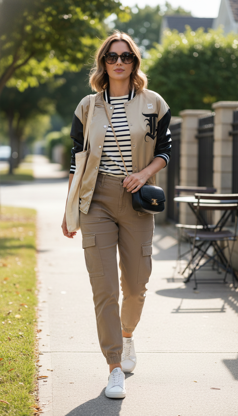 Beige and Black Colorblock Varsity Bomber Jacket