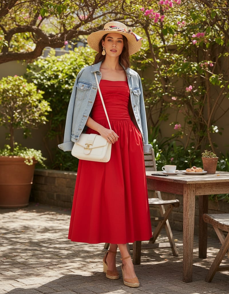 Red Bandeau Fit and Flare Midi Dress with Pockets