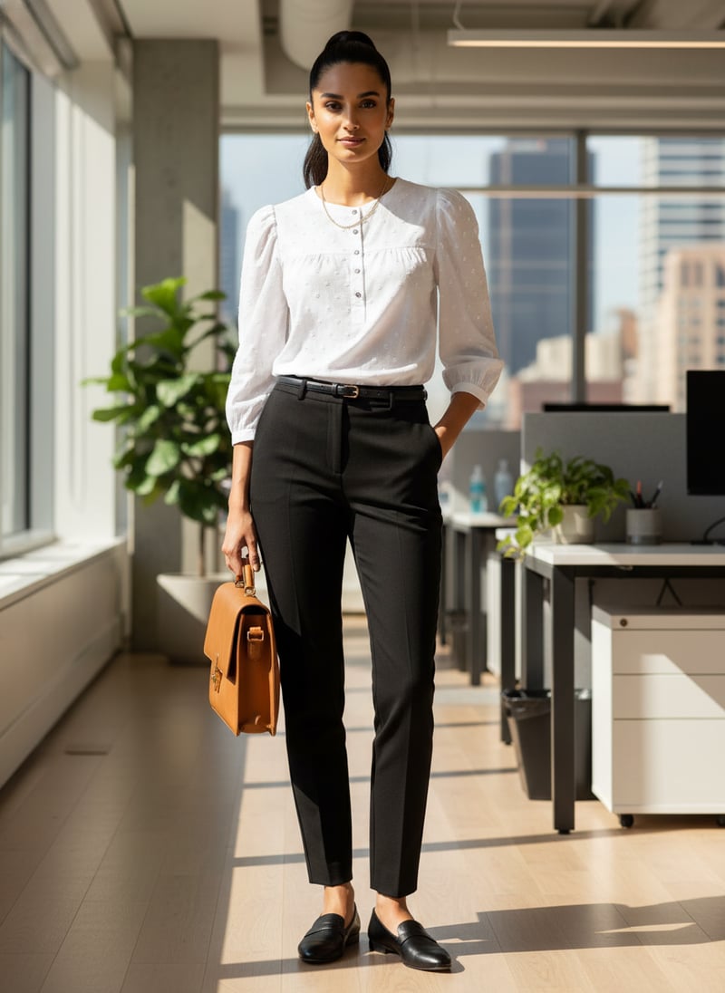 Pale Ivory Dobby Top with Puff 3/4 Sleeves