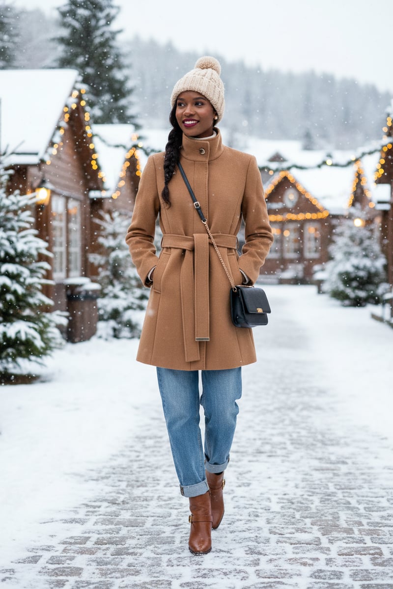 Dark Beige Wool-Blend Belted High-Neck Coat