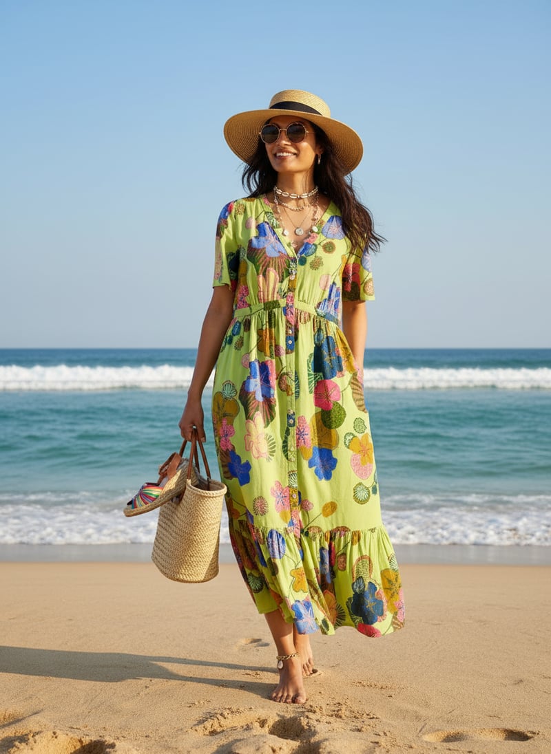 Green Floral Button-Through Tiered Midi Dress