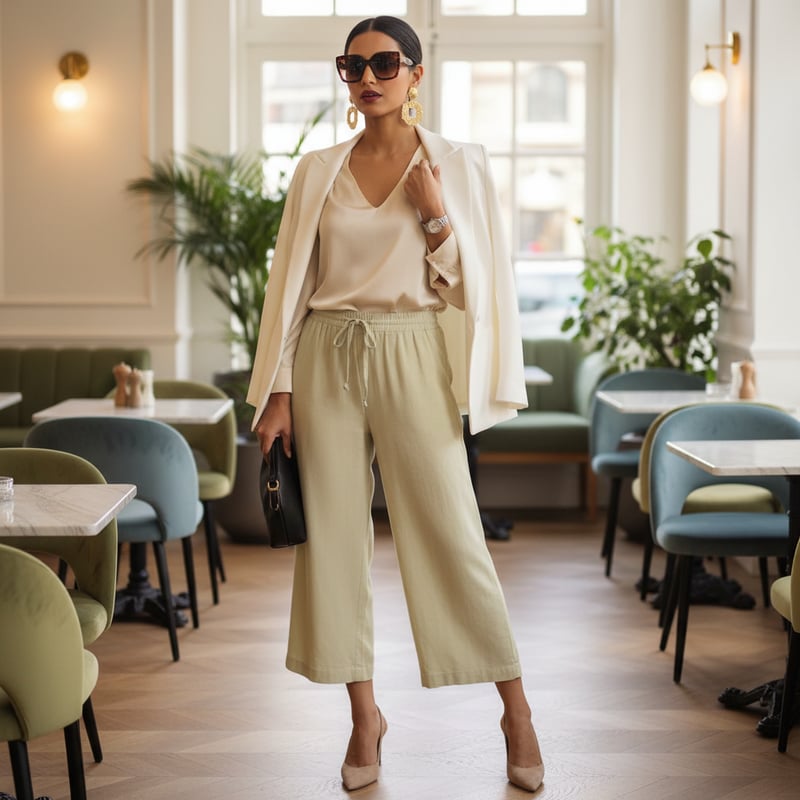 Tea Green Linen Wide-Leg Cropped Drawstring Trousers