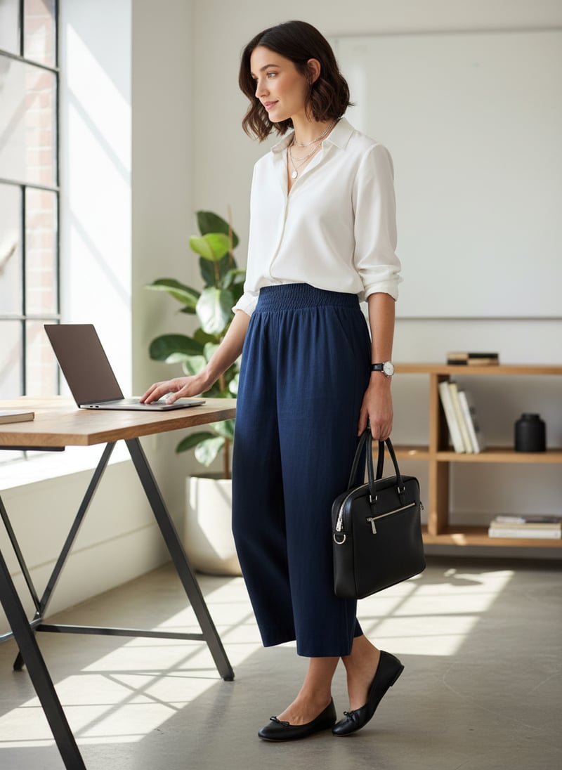 Dark Navy Pull-On Culotte Trousers with Smocked Waist