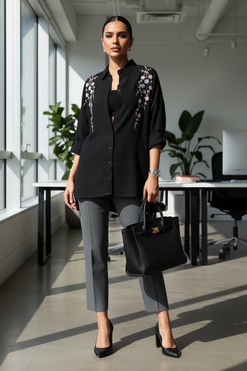 Black Floral Embroidered Longline Button-Down Shirt