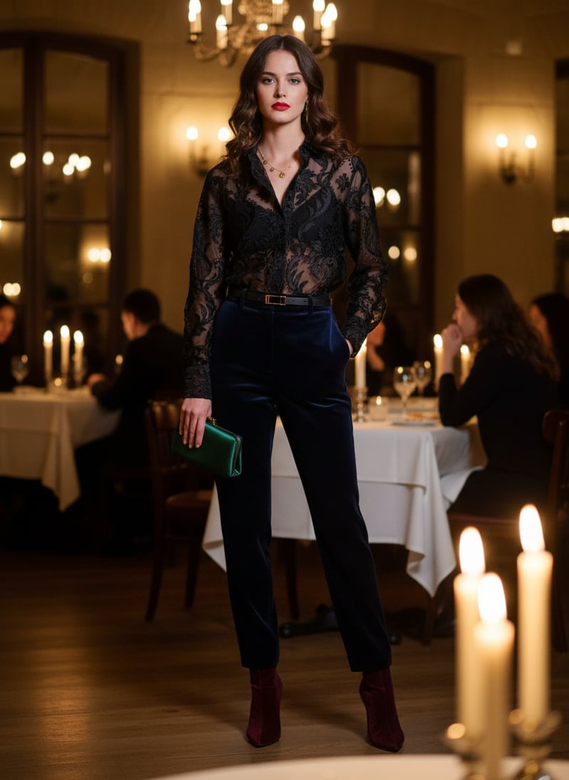 Black Sheer Mesh Button-Down Shirt with Velvet Jacquard