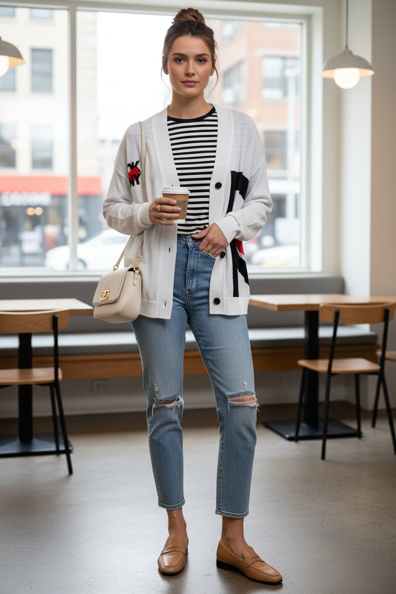 White Colorblock Graphic Button-Up Longline Cardigan