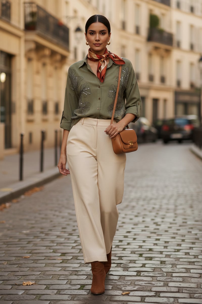 Green Longline Shirt with Sequin Foliage Motif