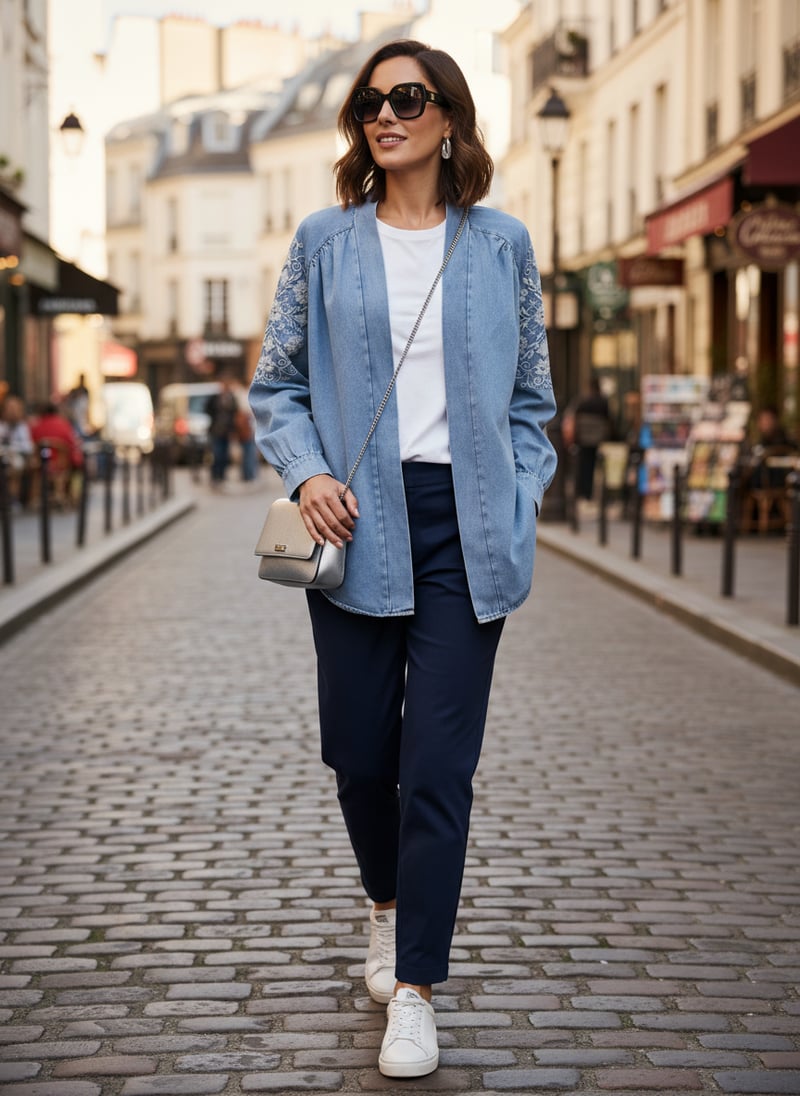Light Blue Denim-Look Embroidered Longline Jacket