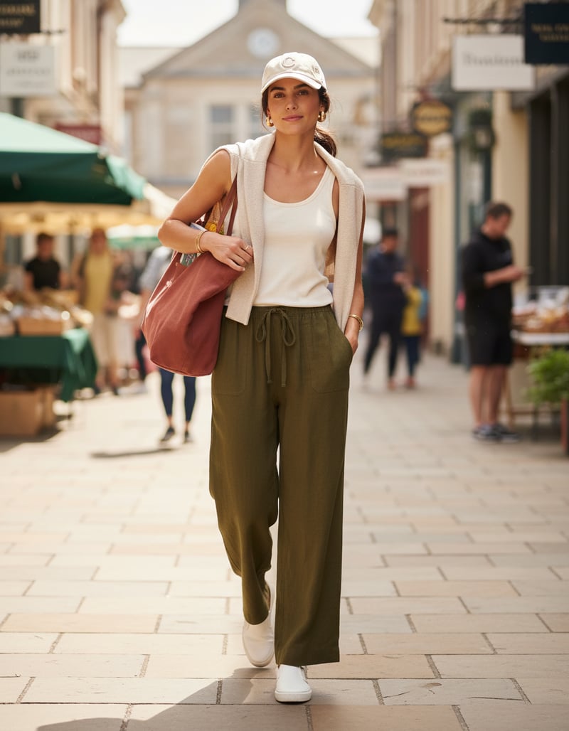 Olive Green Wide-Leg Drawstring Trousers with Patch Pockets