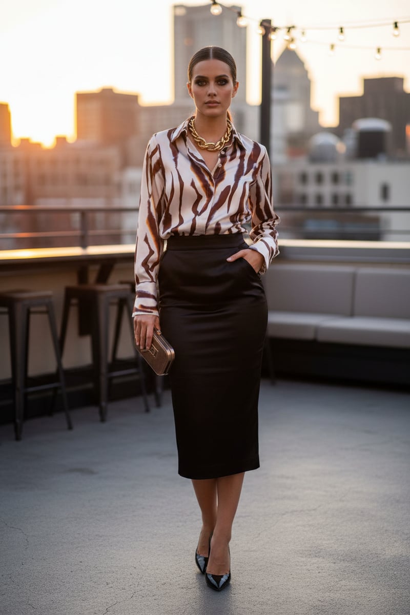 Brown Animal Print Satin-Finish Button-Down Shirt