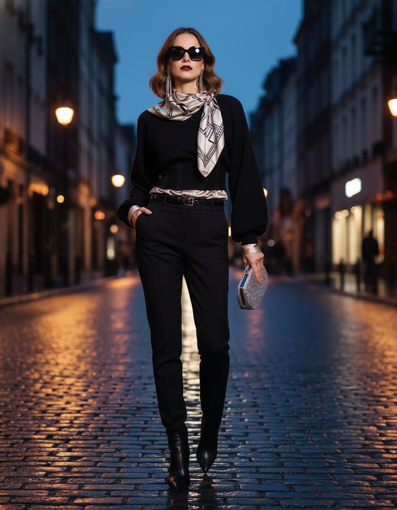 Black Cropped Puff Sleeve Sweater with Waist Panel