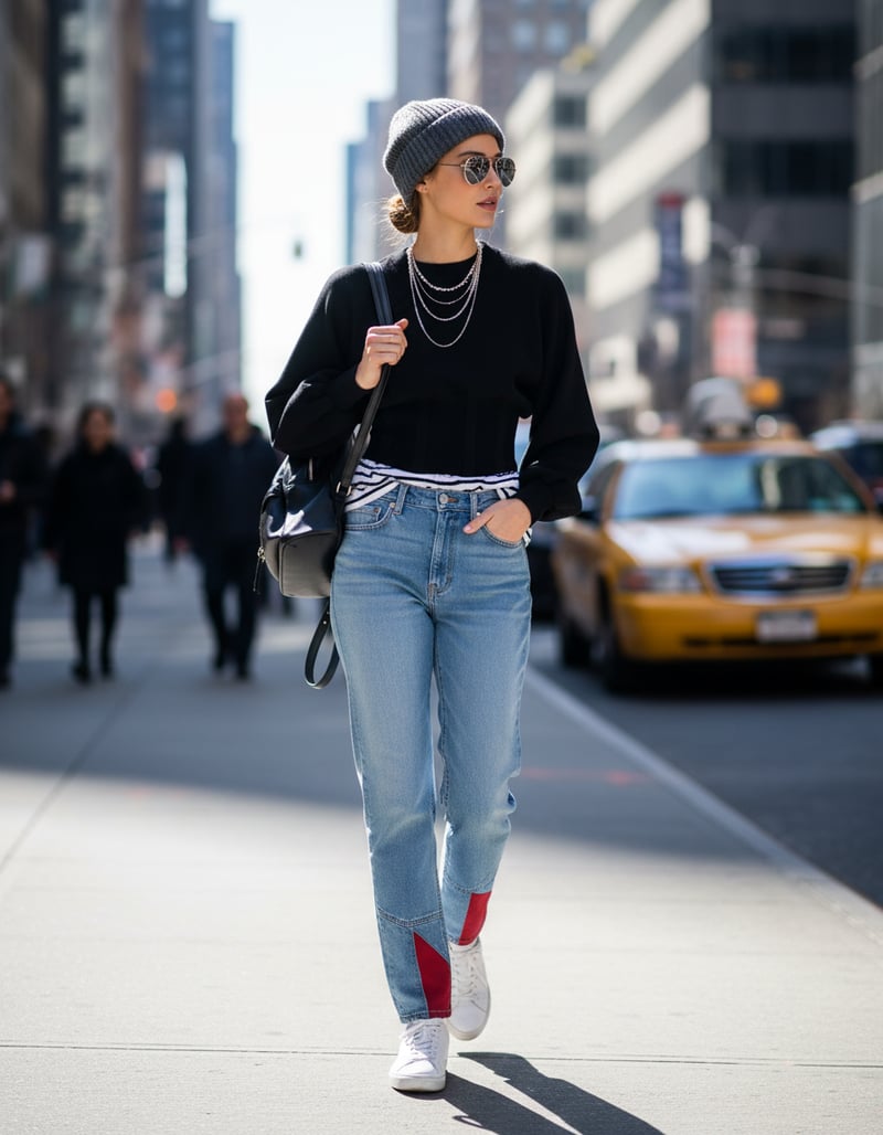 Black Cropped Puff Sleeve Sweater with Waist Panel
