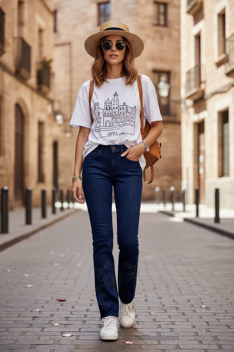 Blue High-Rise Bootcut Jeans with Embellished Hem