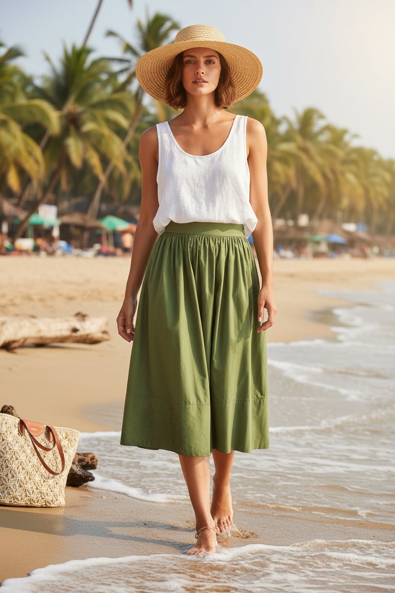 Olive Green High-Waist Tiered Midi Skirt