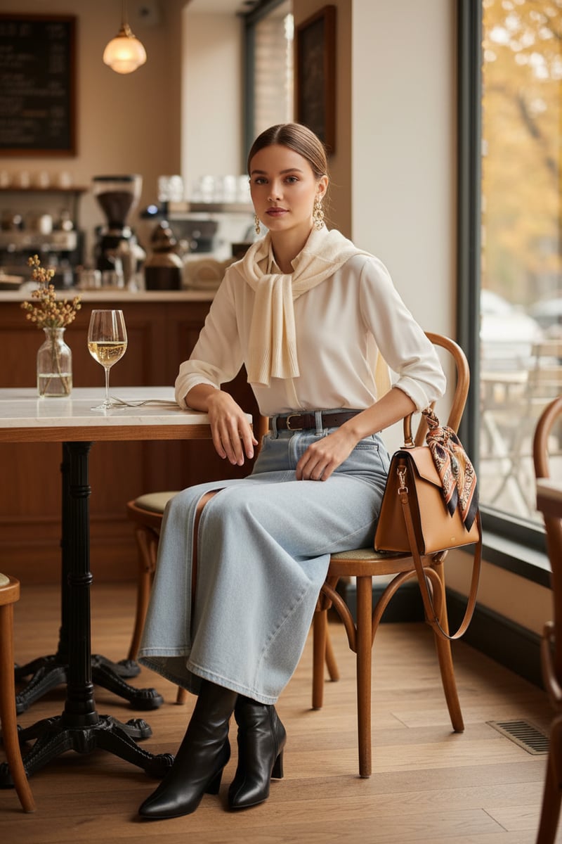Light Wash Denim Maxi Skirt with Front Slit
