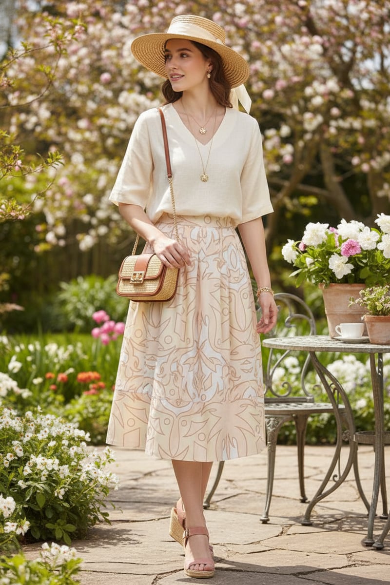 Beige Abstract Geometric Print High-Waist Midi Skirt