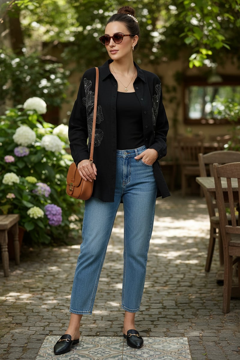 Black Longline Shirt with Silver Sequin Motifs