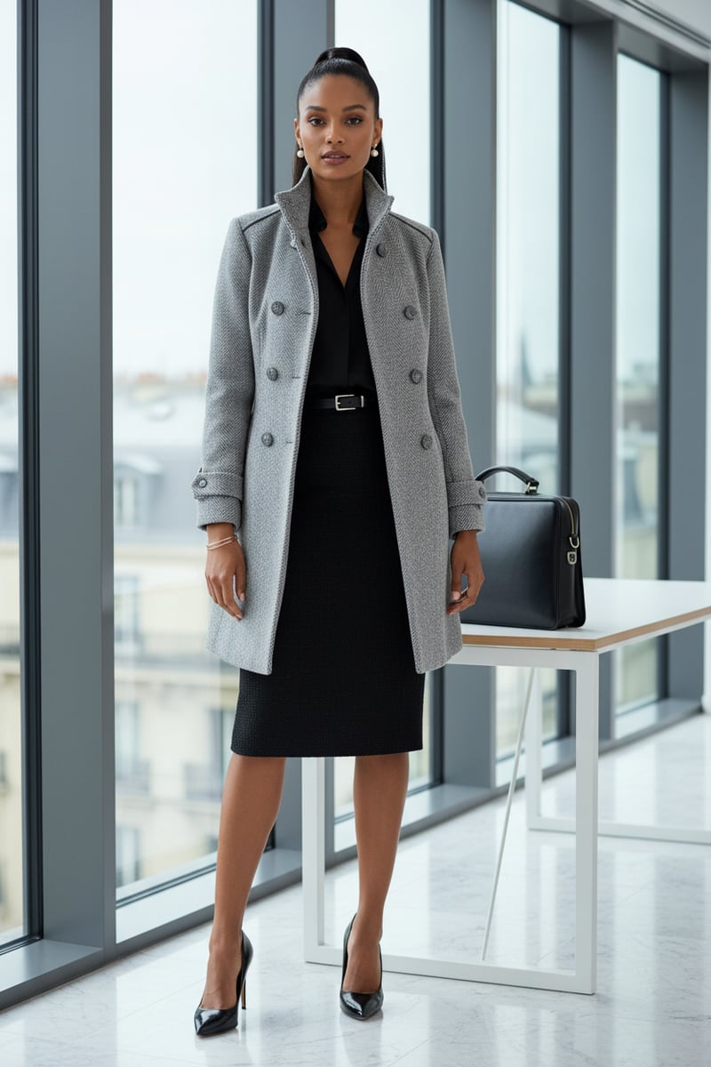 Grey Herringbone Double-Breasted Tailored Coat