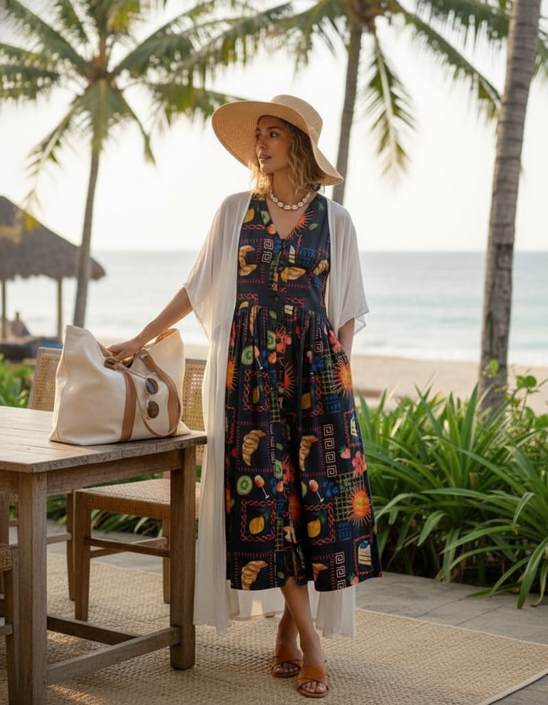 Multicolor Aloha Print Sleeveless Button-Front Midi Dress
