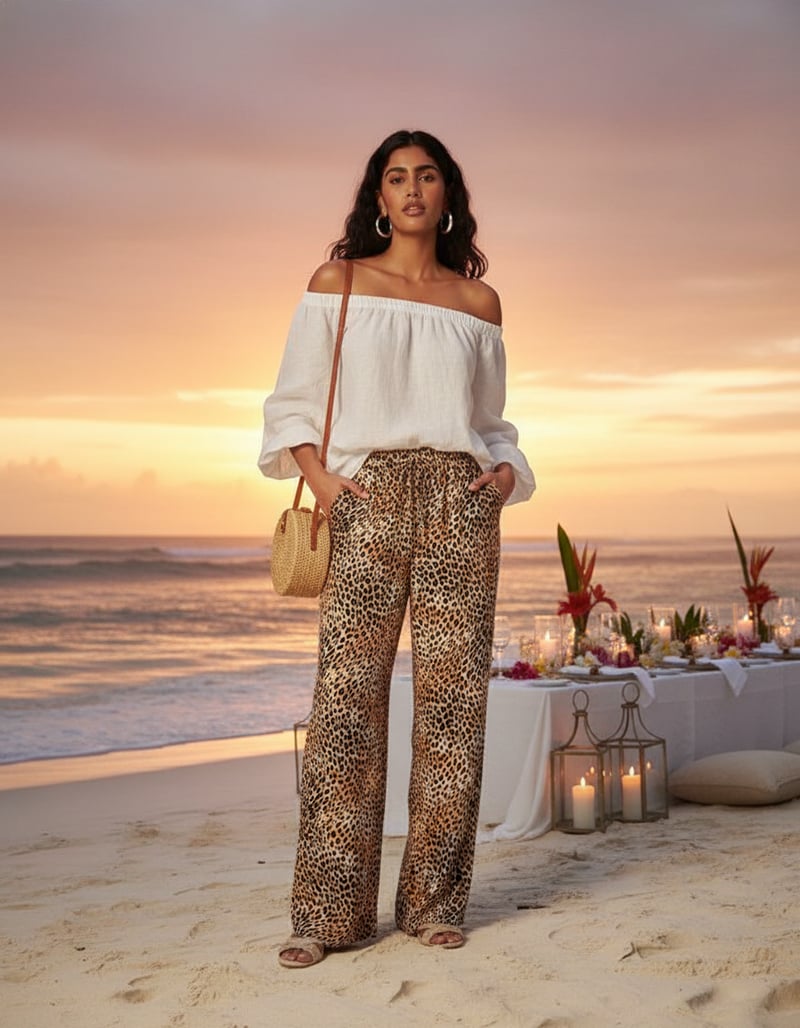 Beige Leopard Print Wide-Leg Drawstring Trousers