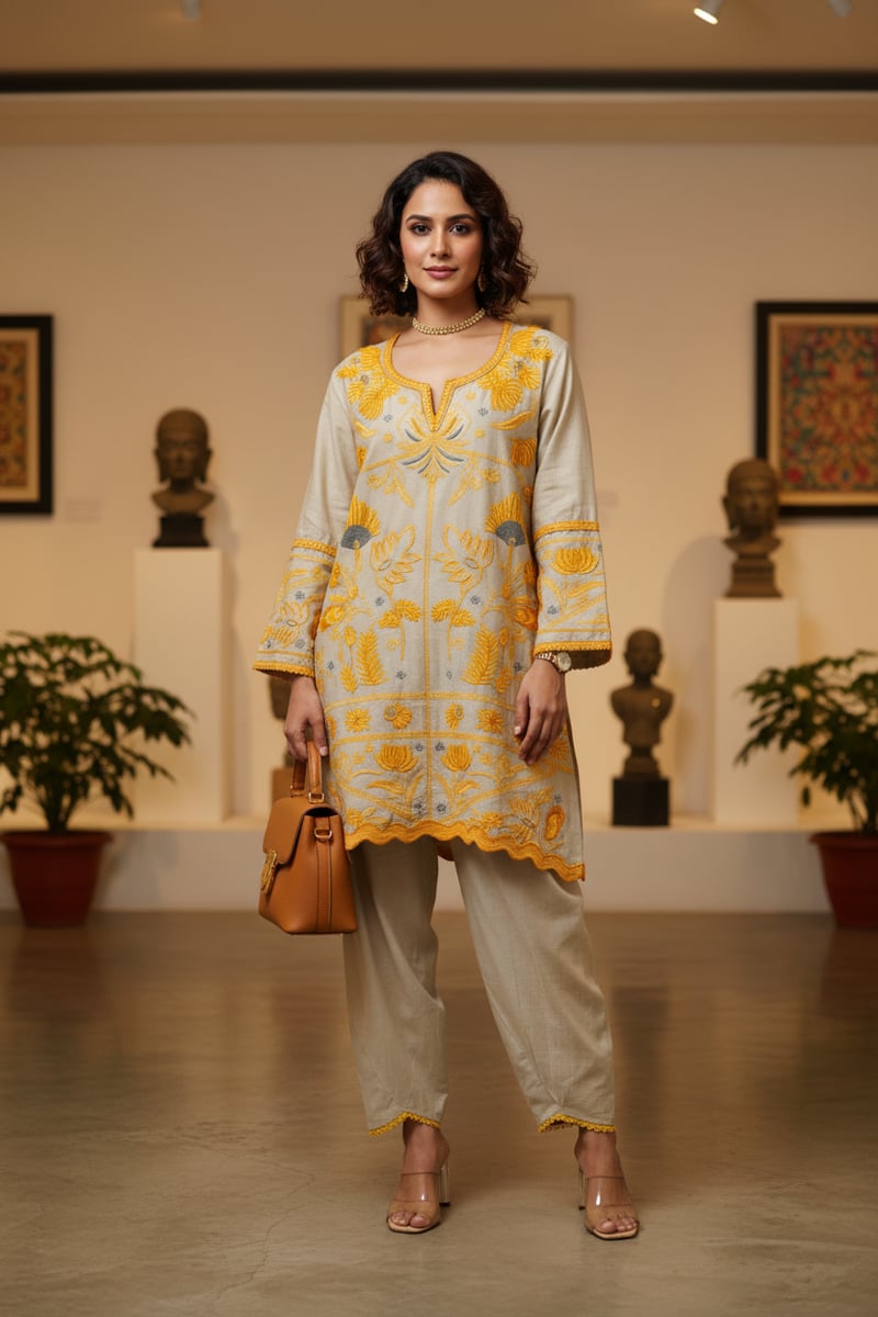 Beige Chanderi Embroidered Kurta Co-ord Set