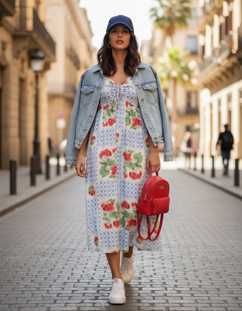 Blue Tile Check and Floral Sweetheart Midi Dress