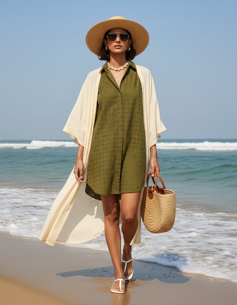Olive Green Sangallo Cotton Shirt Dress with Cutwork
