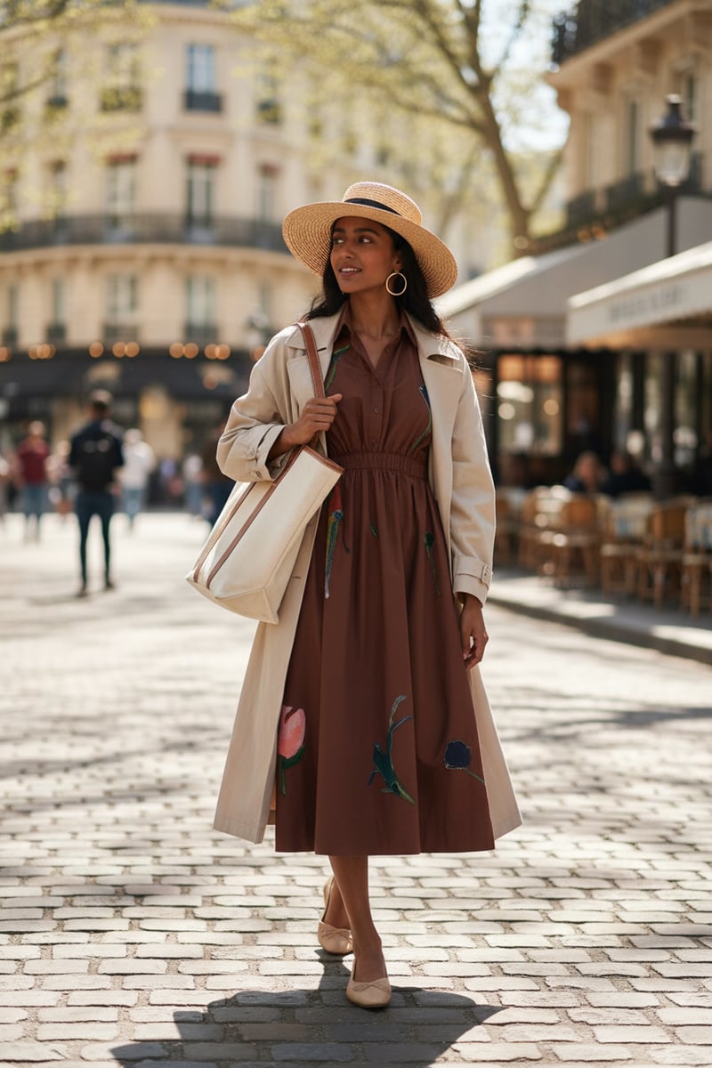 Brown Midi A-Line Shirt Dress with Floral Applique