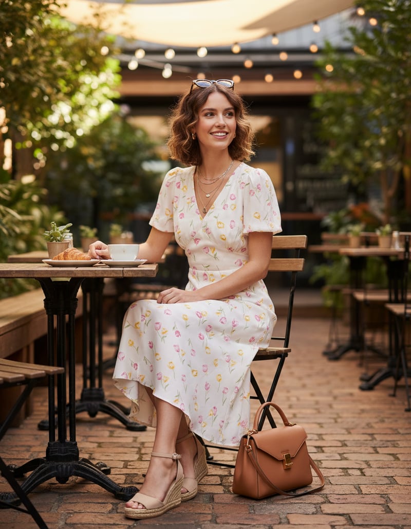 Cream Floral Wrap Midi Dress