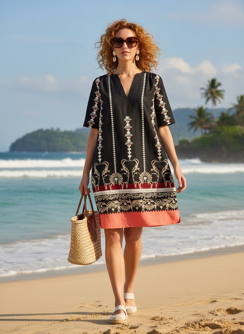 Black Printed Linen Shift Mini Dress