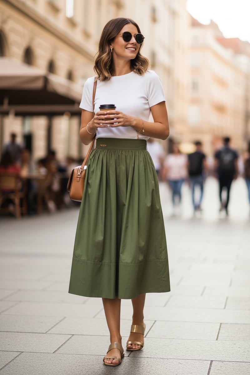 Olive Green High-Waist Tiered Midi Skirt