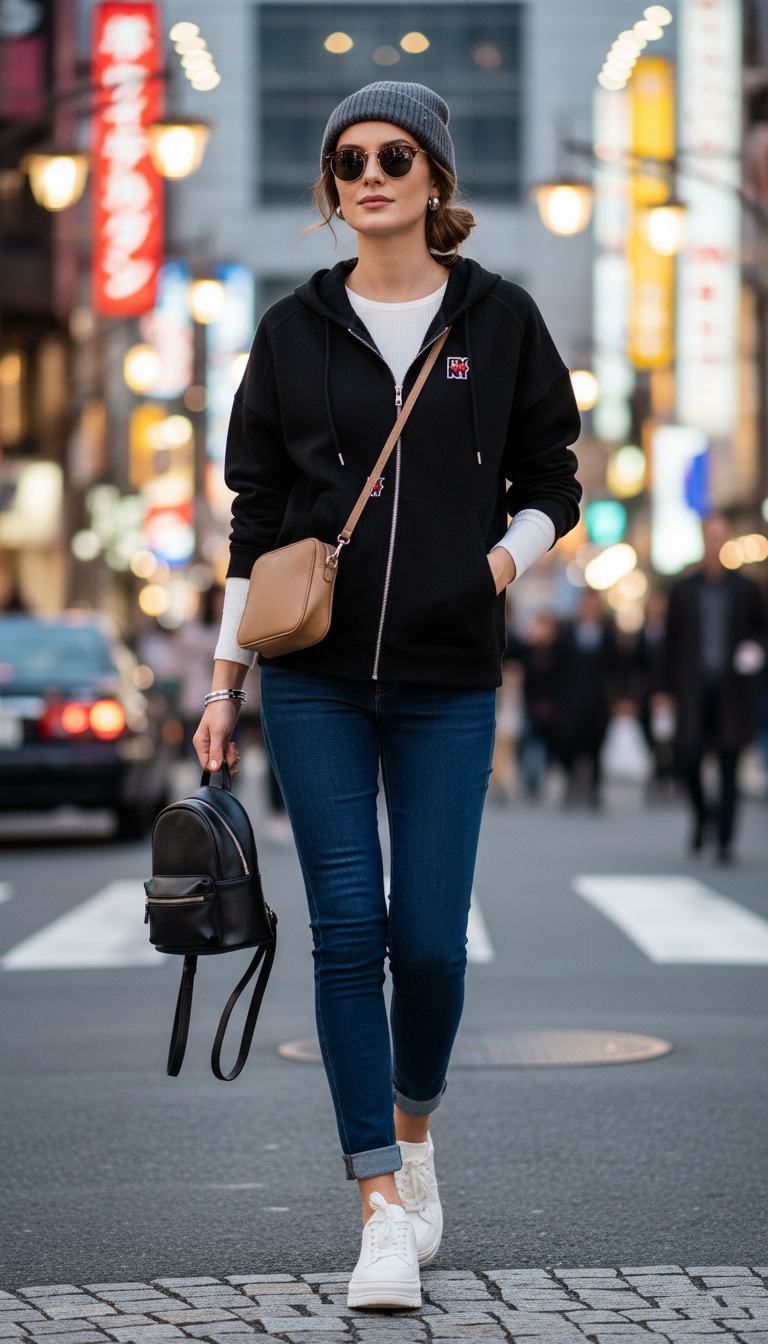 Black Zip-Up Cotton Terry Hoodie