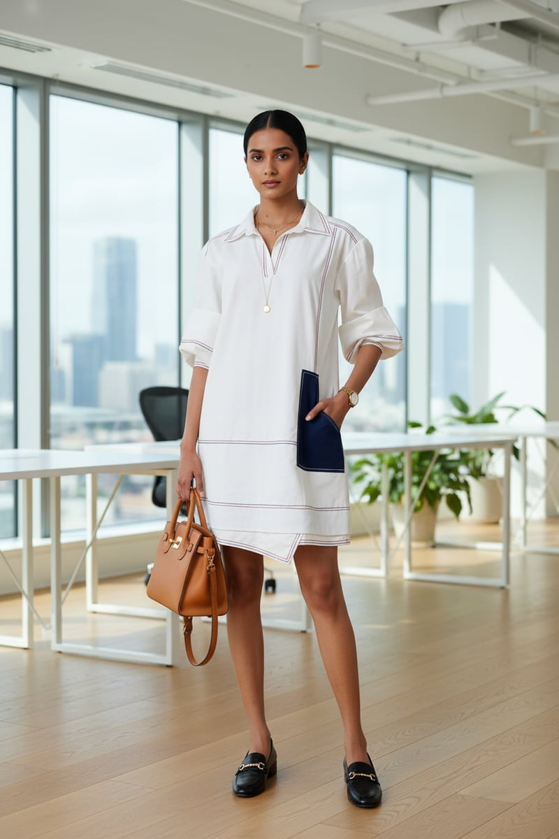 White Denim Mini Shirt Dress with Contrast Patch Pocket