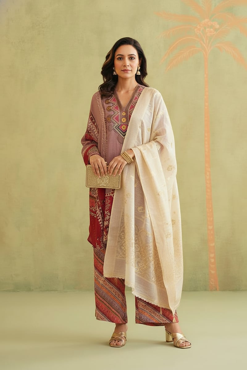 Multi Bemberg Crepe Printed Co-ord Set with Neck Embroidery